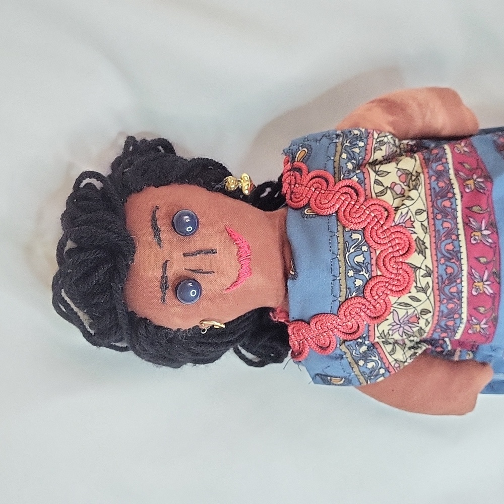 Handmade Mexican Rag Doll 15" Dark Skin Yarn Hair Button Eyes Earrings